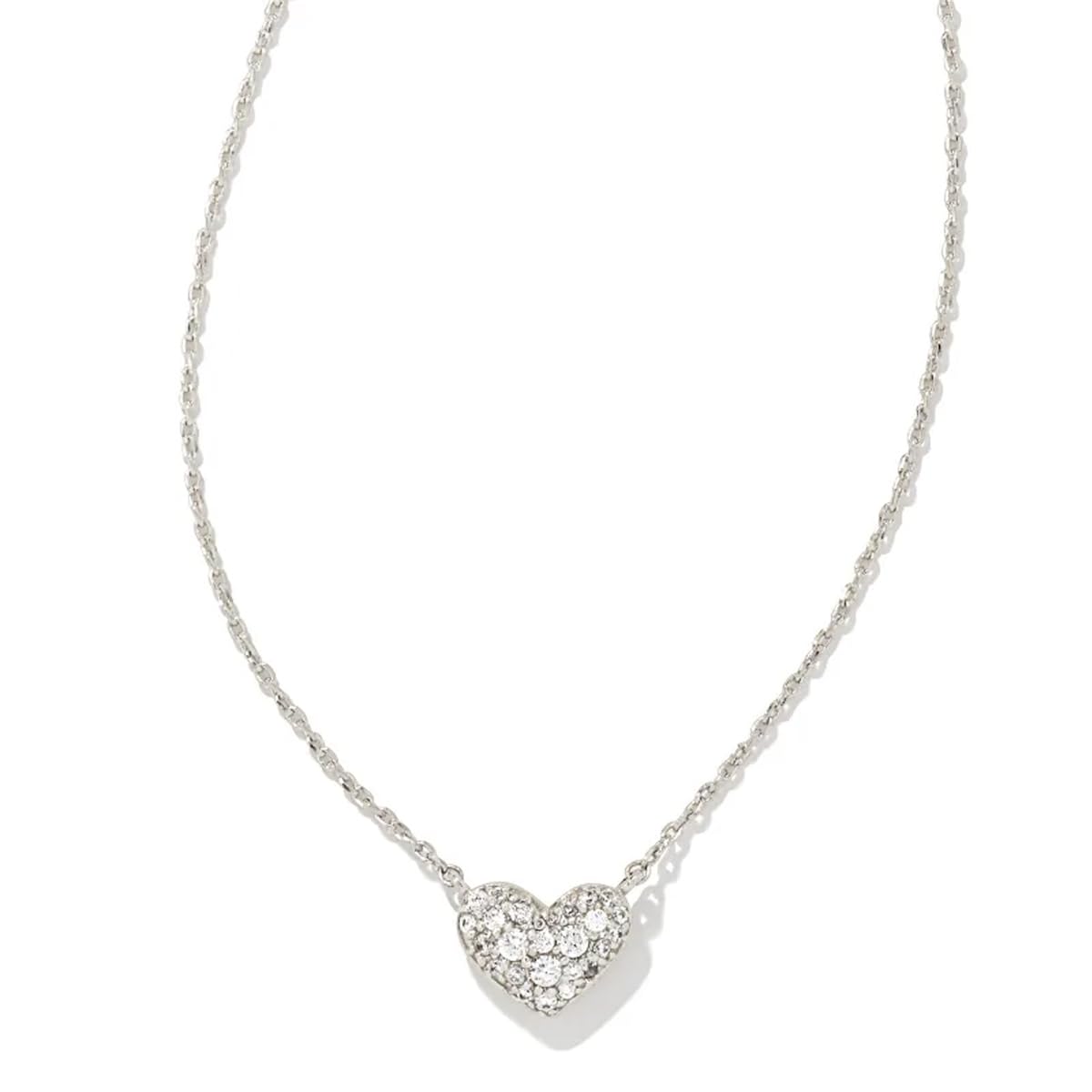 Kendra Scott Ari Silver-Plated Brass Pave Crystal Heart Necklace in White Crystal, Fashion Jewelry For Women