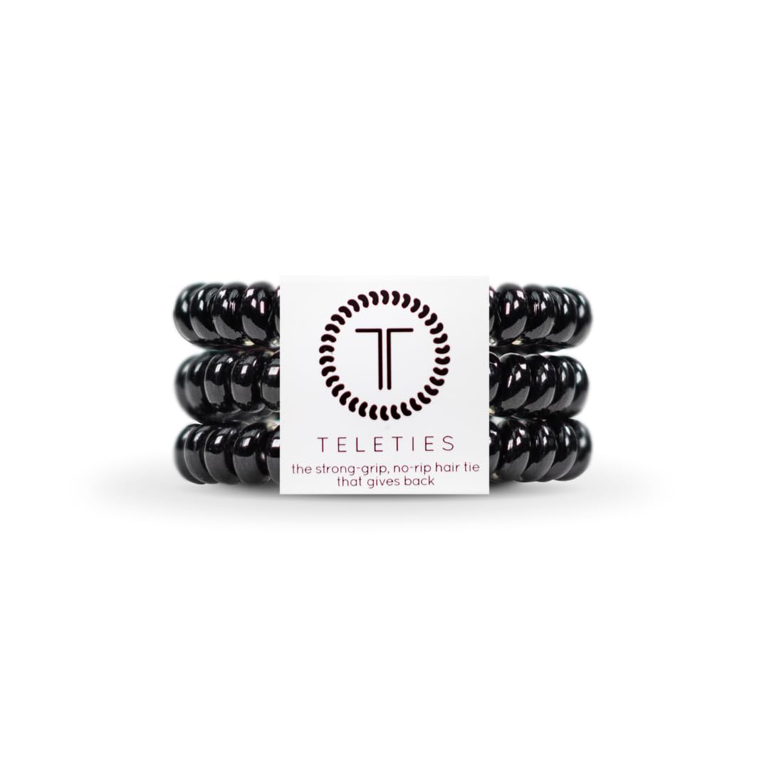 Teleties - Small Spiral Hair Coils - Jet Black, 3 Pack - No Rip, Water Resistant, No Crease - Phone Cord Hair Ties for Women
