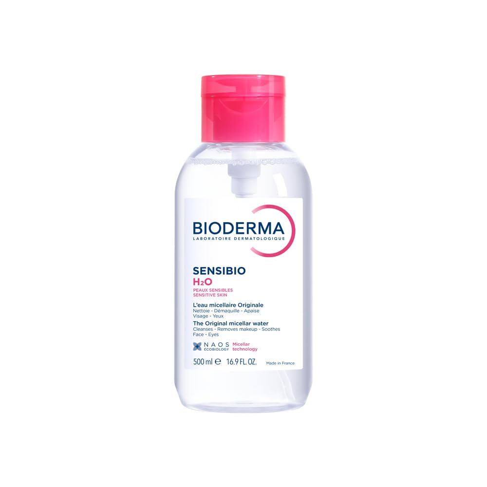 Bioderma Sensibio H2O Daily Soothing Cleanser, Make Up Pollution & Impurities Remover Face Eyes Sensitive Skin, Pump Bottle, 500
