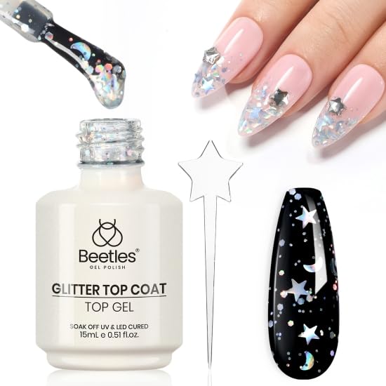 beetles 2 In 1 Silver Glitter Top Coat, 15 ML No wipe Stars Moon Halo Top Coat Soak Off UV Uv Led Gel Nail Polish Long Lasting H