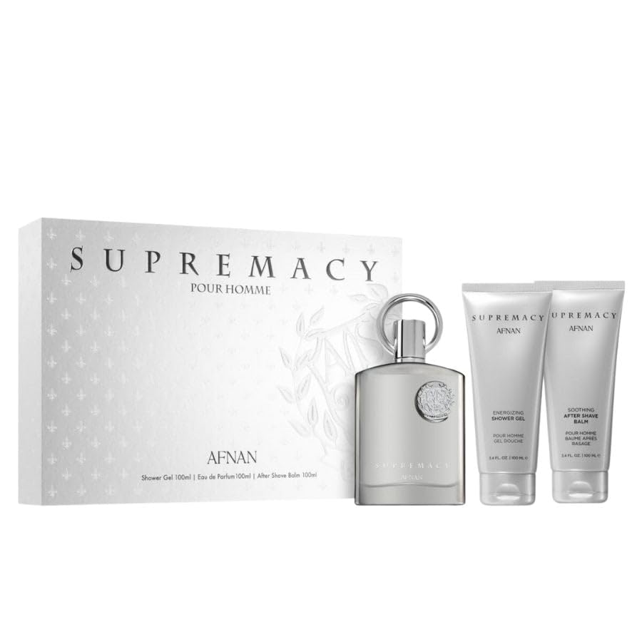 Afnan Supremacy Silver 3-Piece Set for Men, (3.4 Oz Eau De Parfum Spray + Body Lotion + Shower Gel)