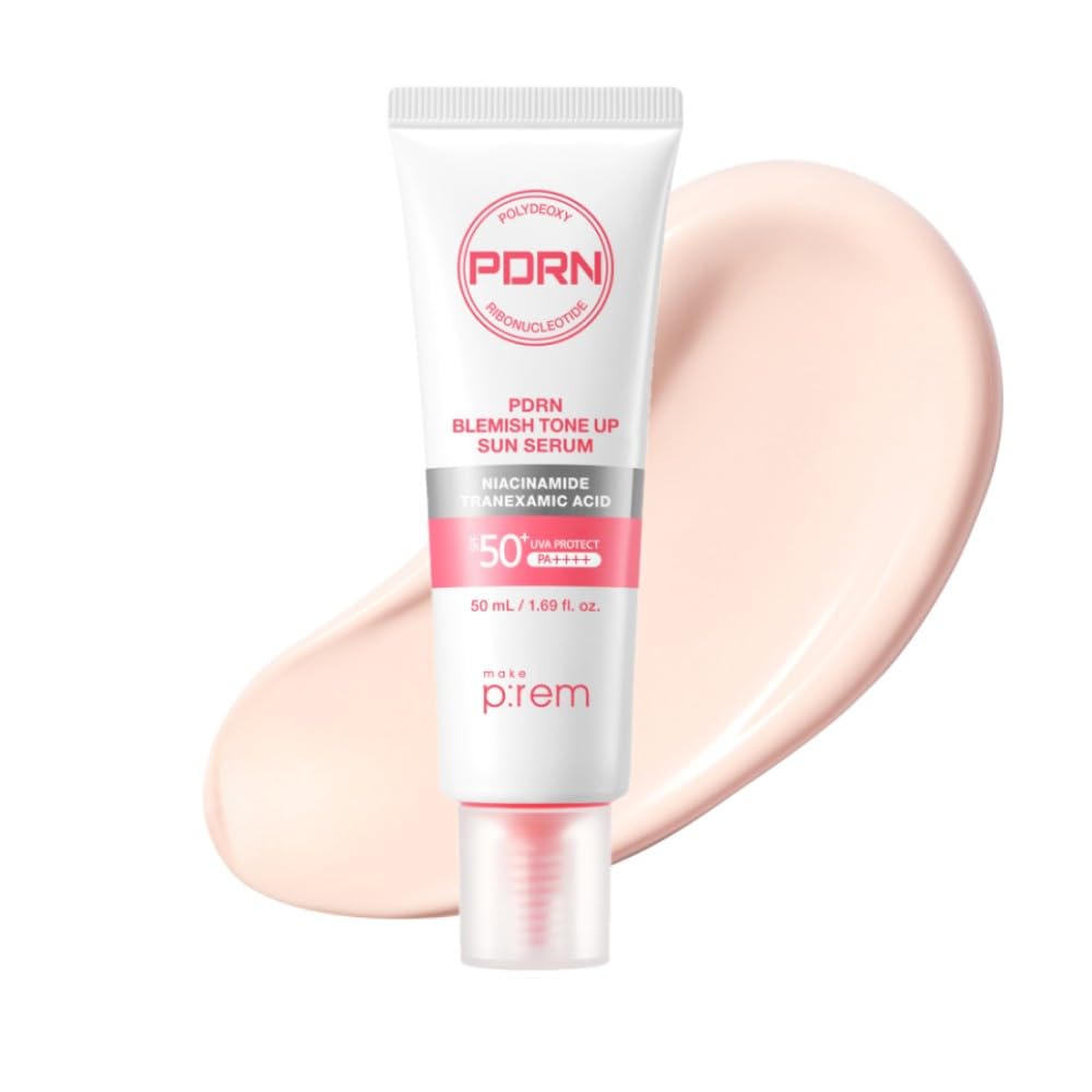 MAKE P:REM PDRN Tone-Up Sun Serum SPF 50, Korean Sunscreen, Lightweight Tinted Facial Sunscreen with Rosy Beige Tone-Up Effect, 