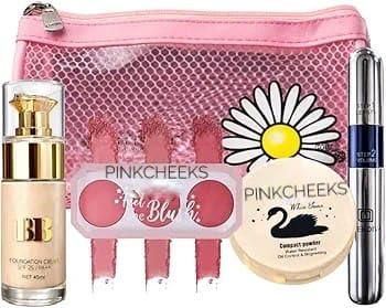4In1 Complete Face Makeup Combo Kit | Foundation, 3Shade Blush Palette, Compact Powder & Mascara With Travel Makeup Bag For W