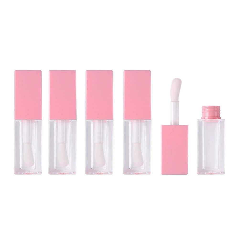 UPSTORE 5 Pcs 5ml Empty Square Pink Lip Gloss Tubes Refillable Plastic Mini Lip Balm Bottles Transparent Lip Gloss Containers wi