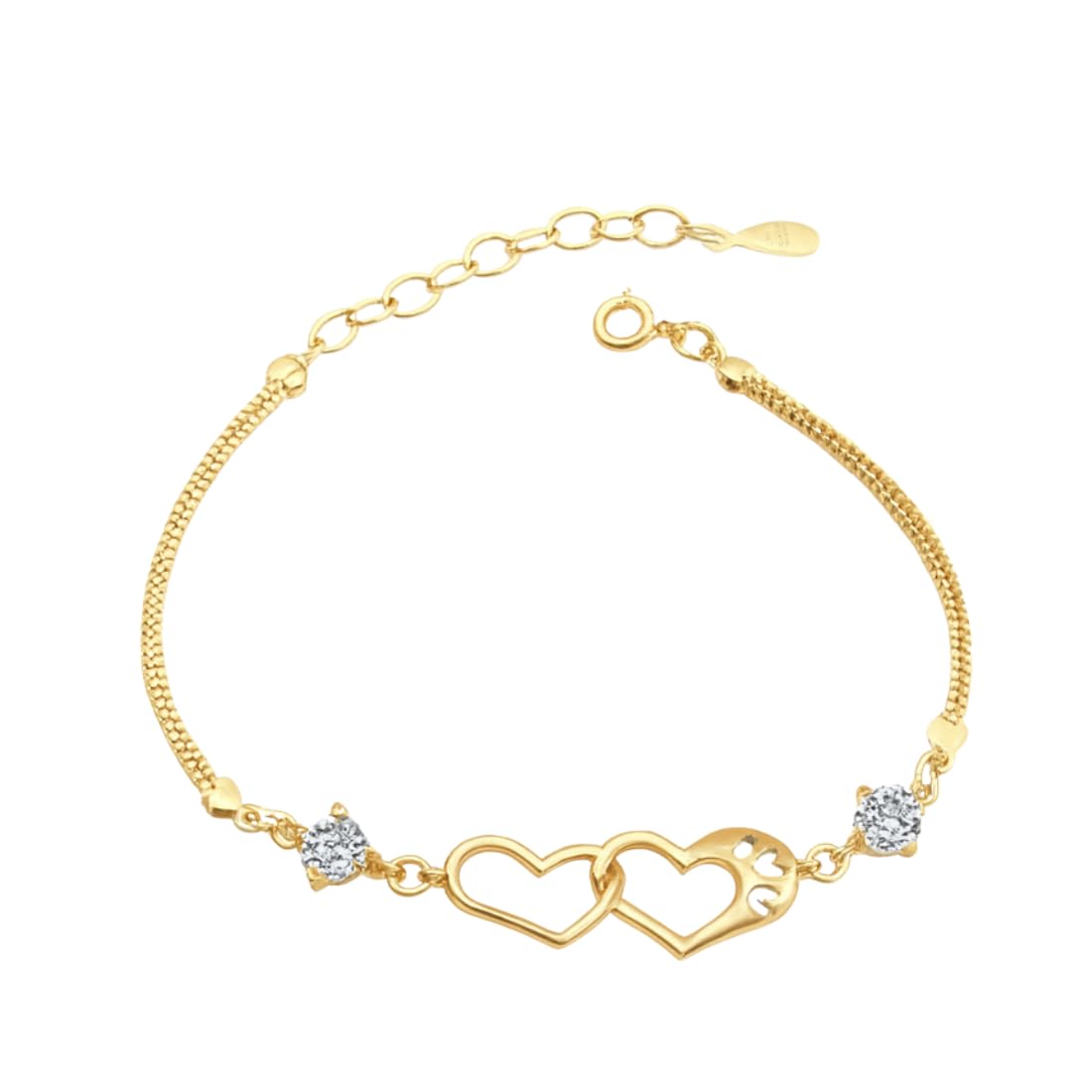 NiluS Collection Double Heart Shape Cubic Zirconia Charm Bracelet, Love Bracelet For Women And Girls, ValentineS Day Gift (Gol