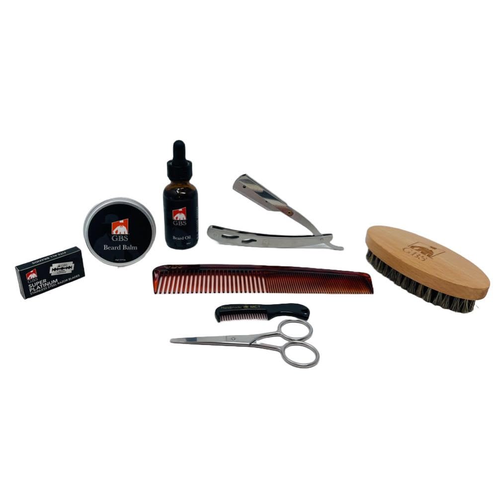 G.B.S Beard Grooming Set Includes Beard Oil, Beard Balm, 3'' Boar Bristle Brush, 7 Inches Dressing Comb, 5 Inches Shave Razor An