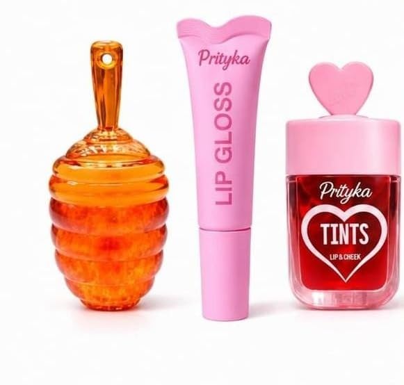 Prityka Cute Kawaii Lip Gloss Set For Girls & Women | Mini Honey Dipper, Heart & Tube Shape Gloss Combo | Moisturizing Color Cha