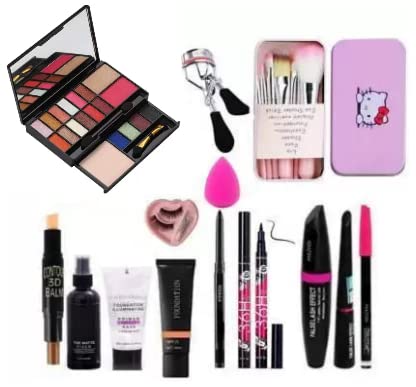 Tumr Professional Makeup Kit With 7 Black Makeup Brushes,Contour Stick,Primer,Fixer,Foundation,Kajal,36H Eyeliner,Eyelashes & Cu