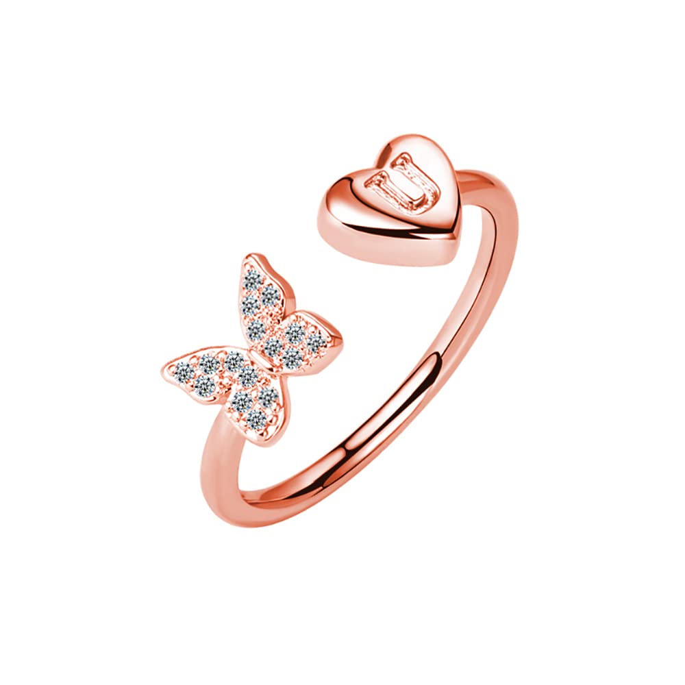 INENIMARTJ Initial Rings for Women Stackable Butterfly Initial Letter Rings Adjustable Crystal Inlaid U Capital Alphabet Ring Ro