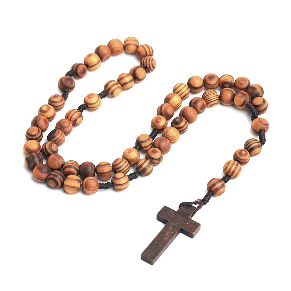 COLORFUL BLING Classic Natural Wood Beads Cross Pendant Necklace for Men Women Religious Rosary Jewelry Handmade Prayer Accessor