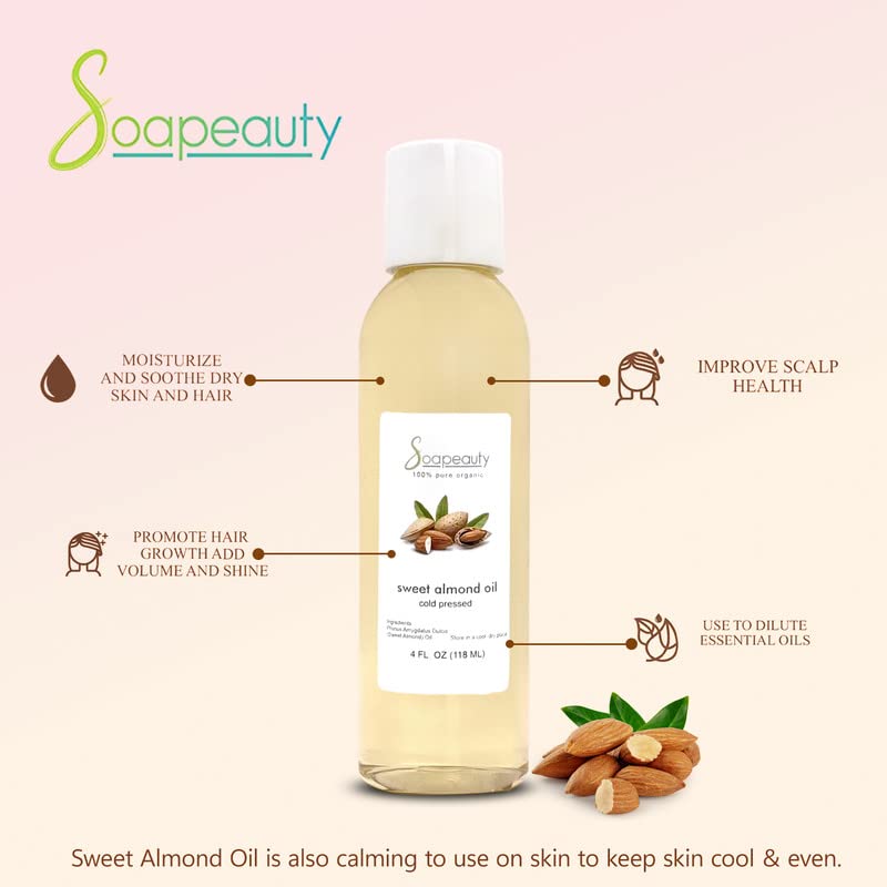 Soapeauty Organic Sweet Almond Oil Cold Pressed Refined | 100% Pure Sweet Almond oil Available in Bulk | Carrier for Essential O