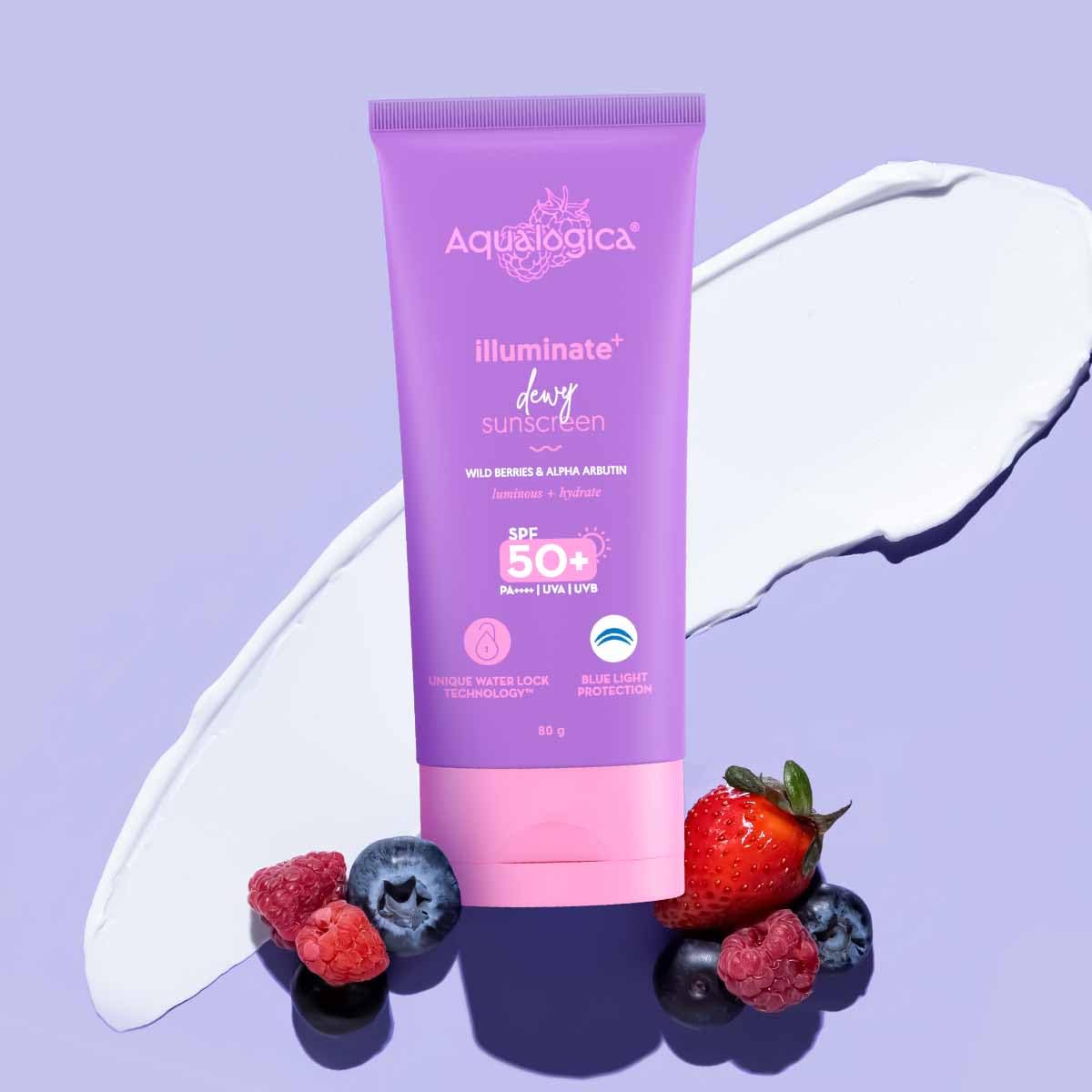 Aqualogica Illuminate+ Dewy Sunscreen With Spf 50+ & Pa++++ | With Wild Berries & Alpha Arbutin | 2.82Oz/80G
