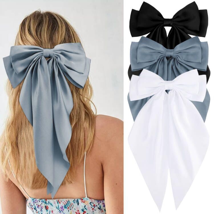 Velscrun 3Pcs Hair Accessories for Women - Black, White, and Navy Blue Oversized Satin Bows with Long Tails and Clips for Girls 