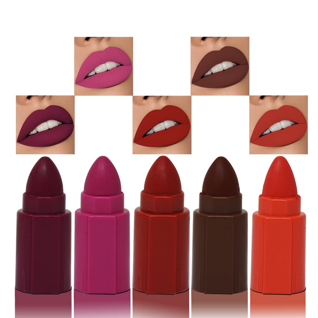 Adbeni 5 In 1 Matte Lipsticks, Lip Crayon, Lip Makeup, Lip Color, Cannon Pink Brick Red Hibiscus Crimson Dark Brown, 7G (L004)