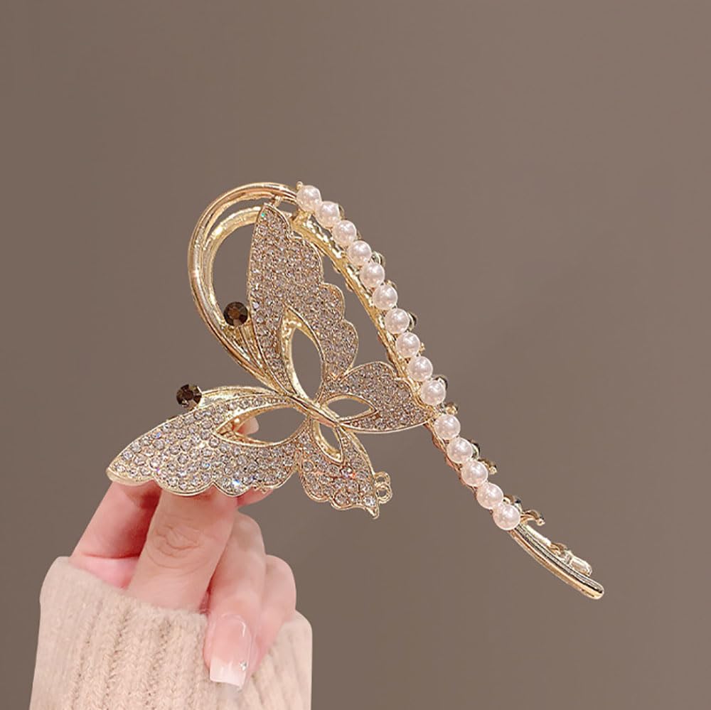 Diamond Non-Slip Metal Hair Claws With Sparkly Pearls - Big Cute Butterfly Headwear Gifts For Women, Set Of 2