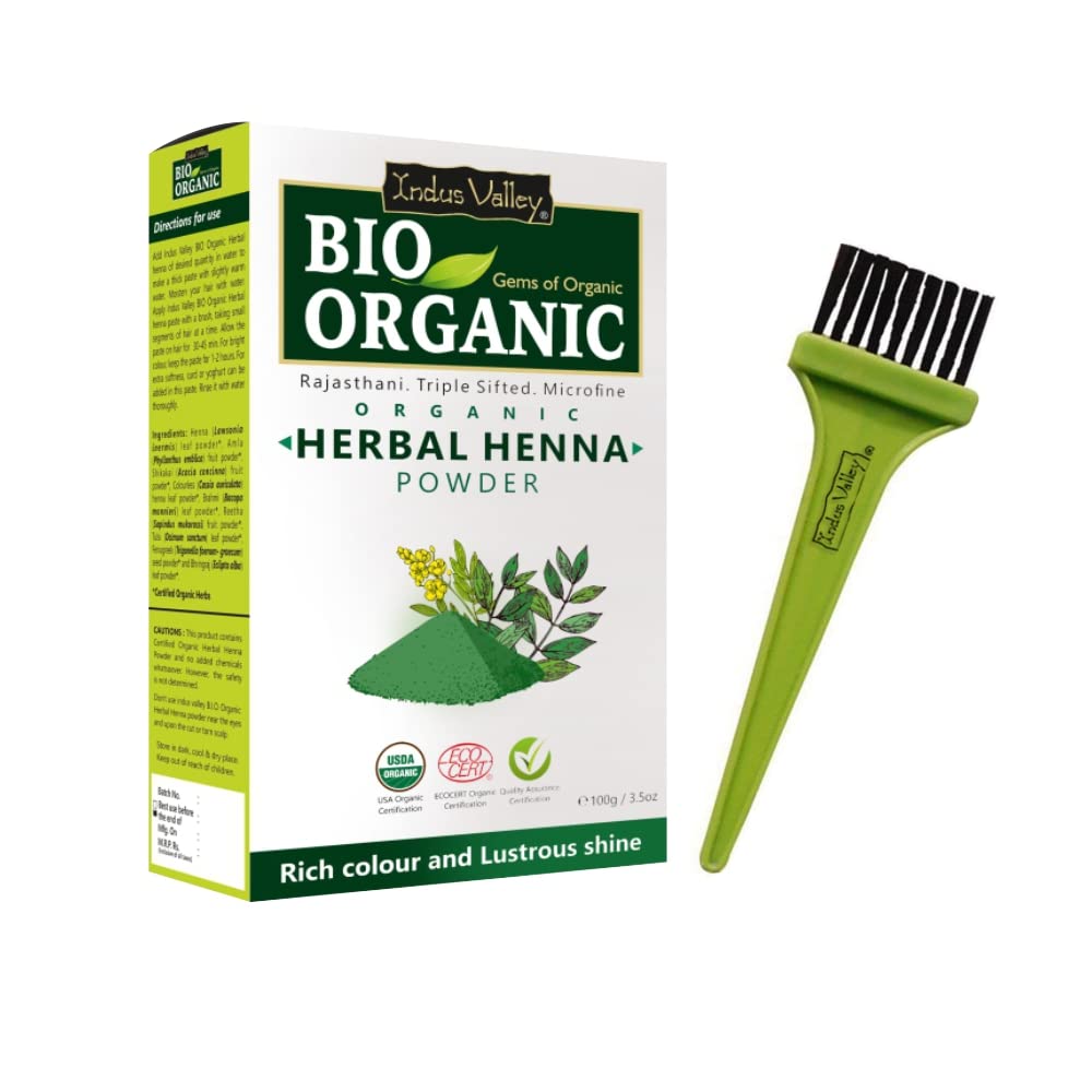 INDUS VALLEY Bio Organic Herbal Henna Powder for Rich, Long-Lasting Color & Lustrous Shine, Includes Hair Dye Brush for Easy App