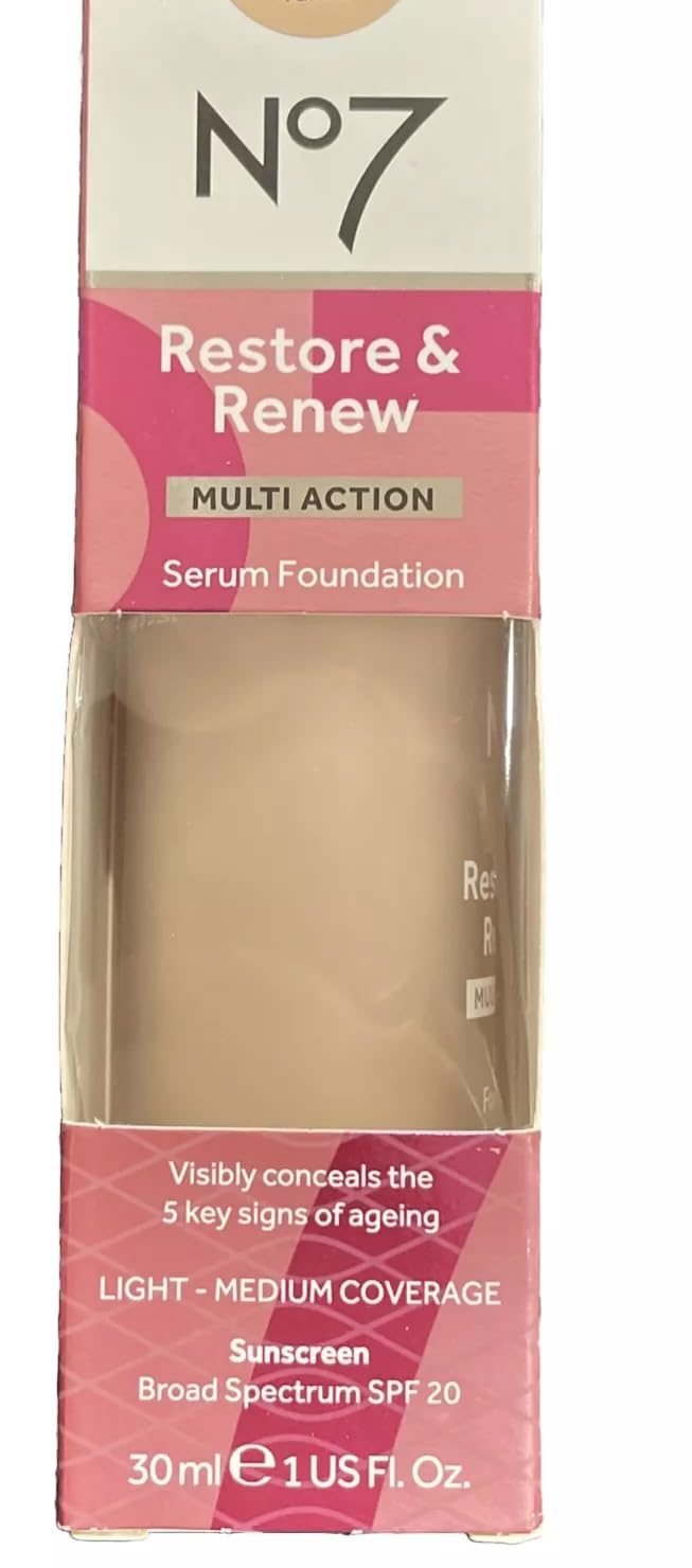 No7 Restore & Renew Multi Action Serum Foundation - Porcelain - Liquid Foundation Makeup With Vitamin C, Vitamin E & Collagen Fo