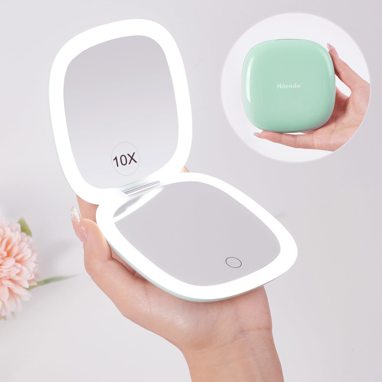 Mocado Compact Led Travel Makeup Mirror - 4 Inches 1X/10X Magnification Travel Mirror With Light Dimmable Double Sides Lighted U