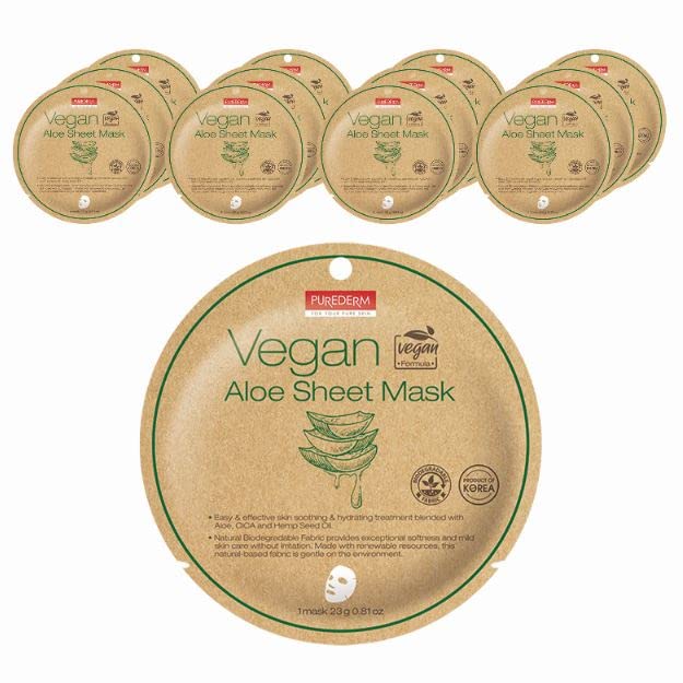 Purederm Vegan Aloe Sheet Masks (12 Packs) - Facial Sheet Mask For Soothing & Hydrating Treatment