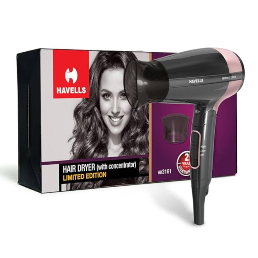 Havells 1200W Foldable Hair Dryer; 3 Heat Settings With Cool Shot (Hot/Cool/Warm),Heat Balance Technology|Cool Black|Your Perfec
