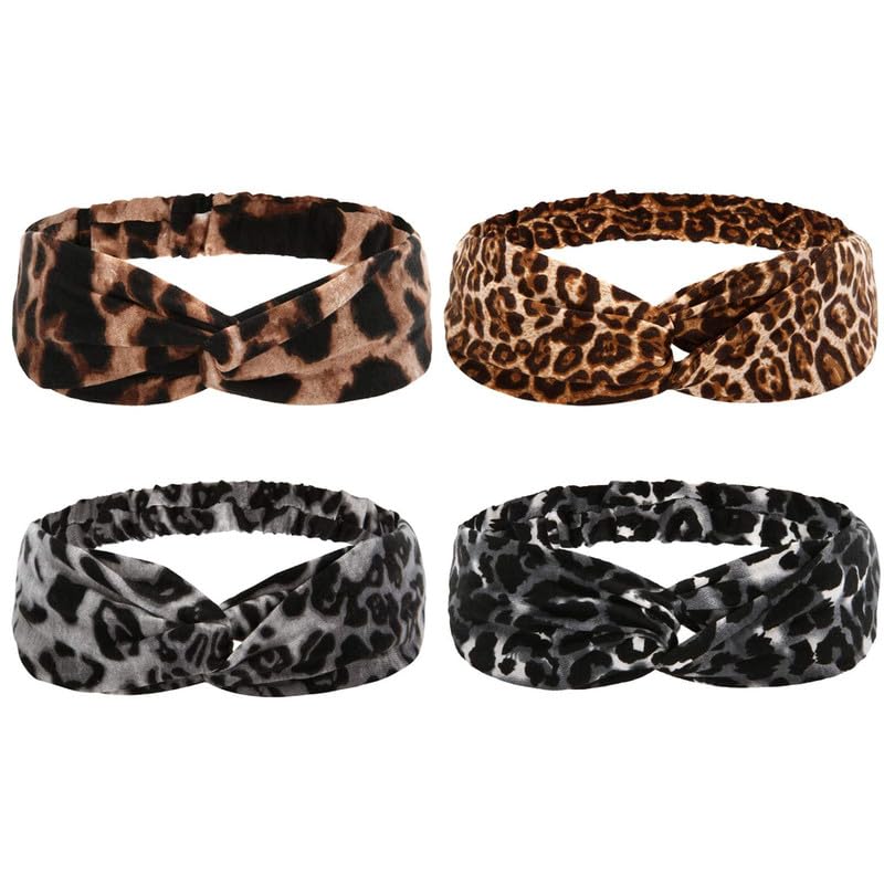 Fameza 4Pcs Leopard Print Twisted Criss Cross Elastic Headbands Soft Cotton Hair Bands For Women Girls