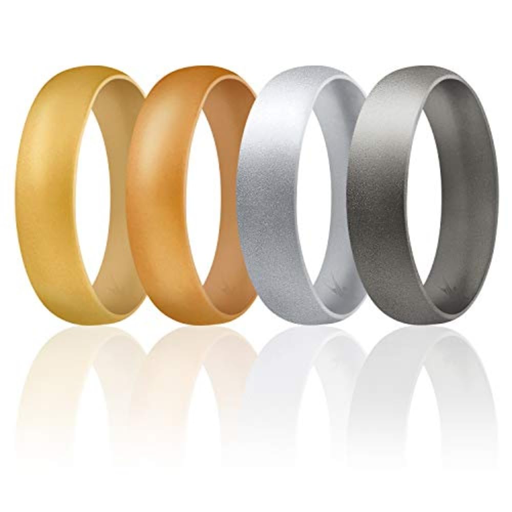 ROQ Silicone Rubber Wedding Ring for Men & Women, Comfort Fit, Unisex, 6mm Wide 2mm Thick, Dome Solid Thin, 4 Pack, Black, Grey, Black Camo, Silver, Size 11