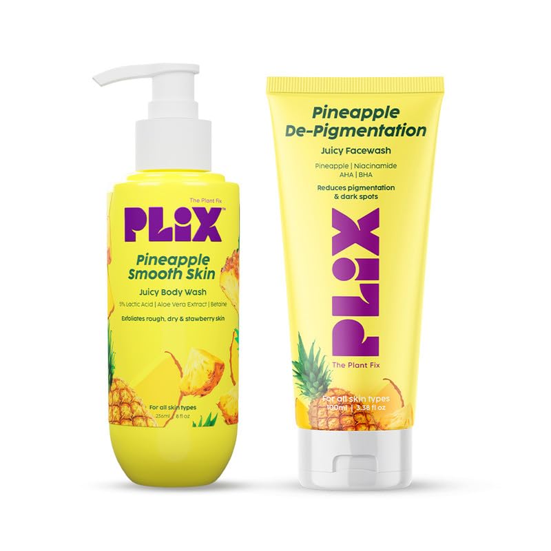 Plix - The Plant Fix Pineapple Glow Duo, Depigmentation Face Wash (100 Ml) And Lactic Acid Exfoliating Body Wash (236 Ml) Combo 