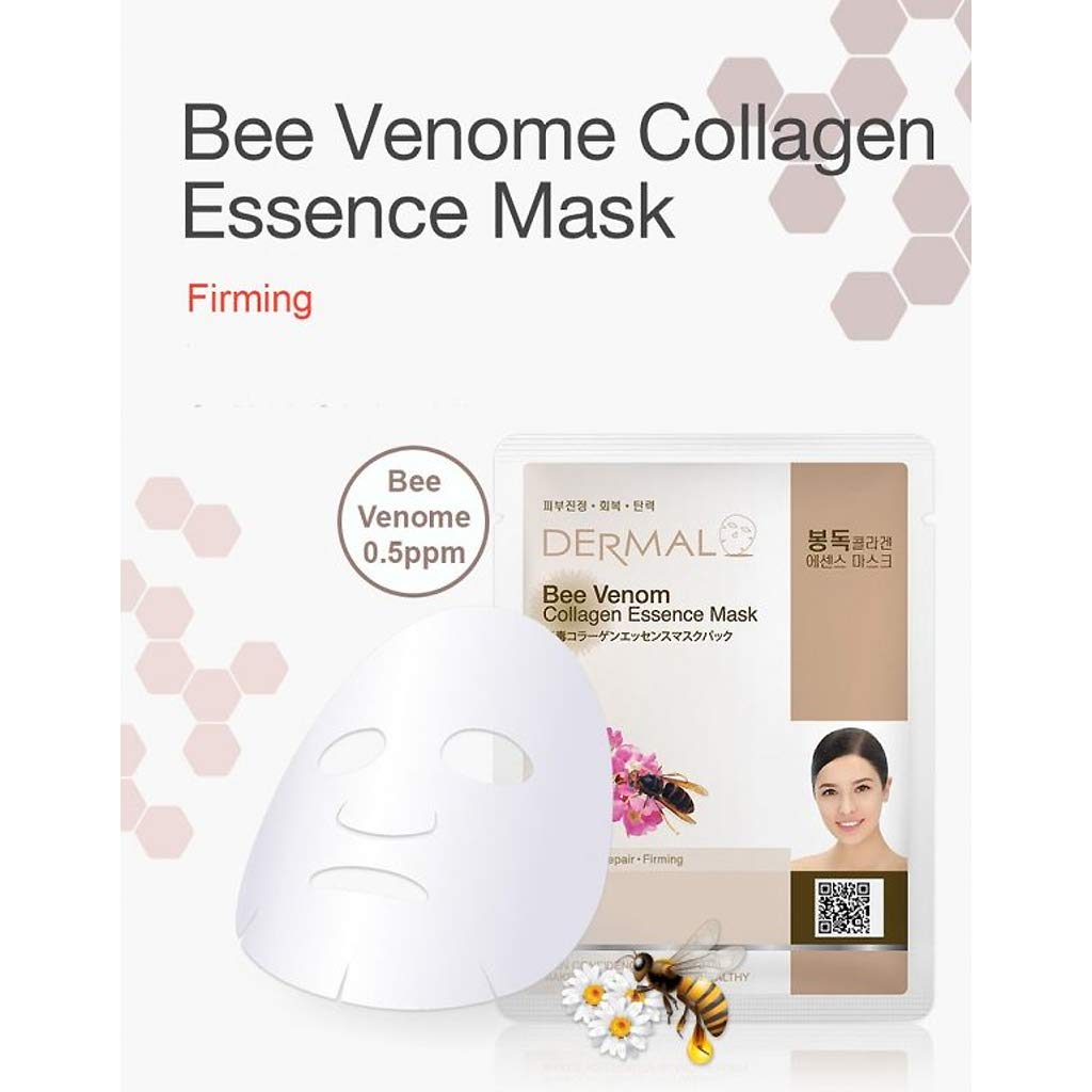 Dermal Bee Venom Collagen Essence Korean Facial Mask Sheet Pack Of 10 - Soothing And Hydrating Irritated Skin - Hypoallergenic S