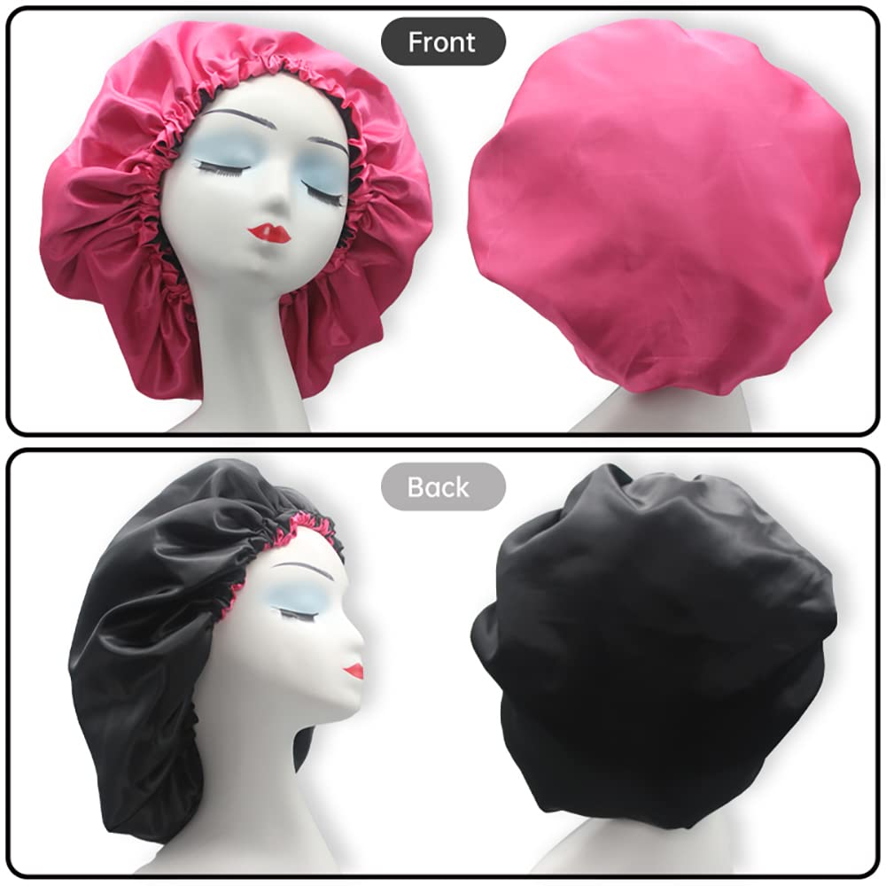 Satin Sleep Cap, Adjustable Satin Cap, Silk Bonnet, Reusable Bath Hair Cap For Night Sleeping Reversible Double Layer 2 Pack (Fu
