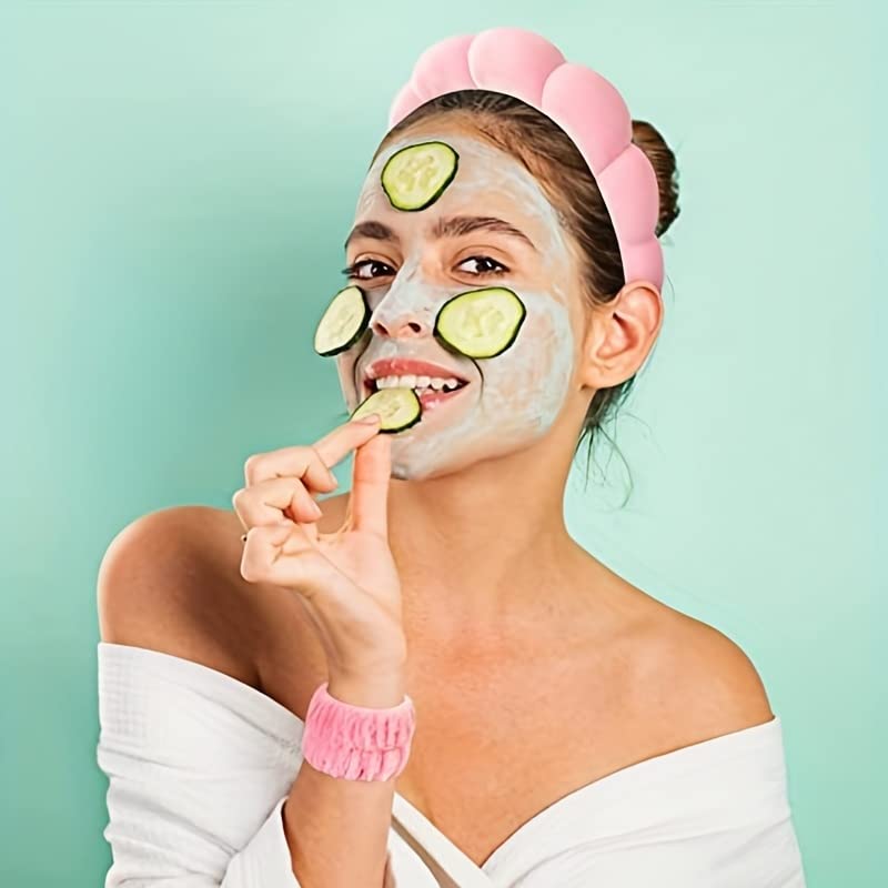 Luckybear Spa Headband for Face Washing, Velvet Makeup Headband with Face Wash Wristbands - White