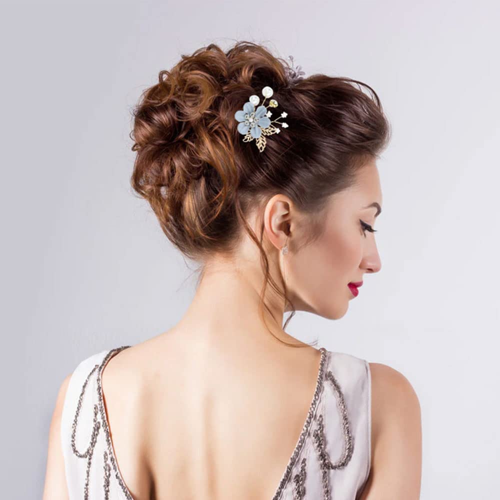 Insowni 20 Pack Classy Dusty Blue Flower Bridal Wedding Hair Side Combs+Floral Hair Pins+Twist Spiral Pearl Hair Pins Clips Piec