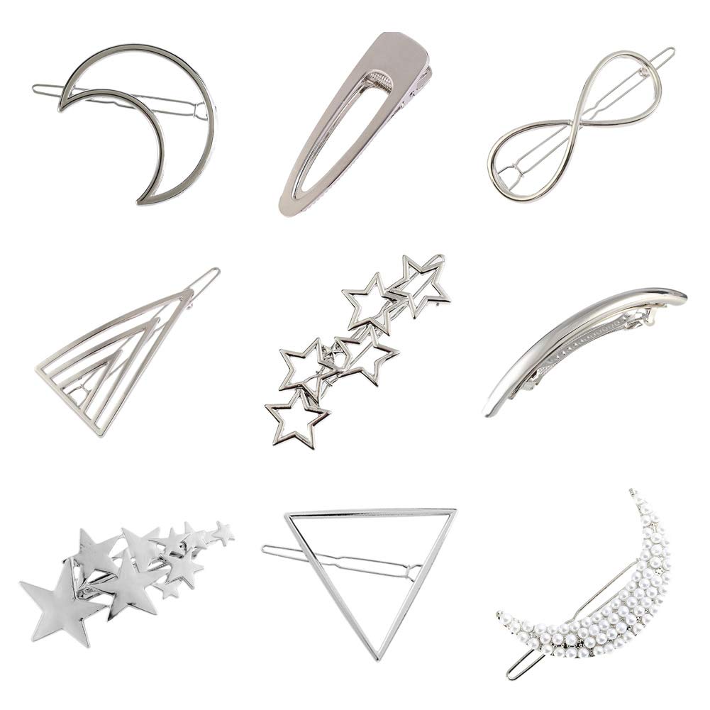 9 Pack Vintage Minimalist Bowknot Circle Moon Star Branch Pearl Metal Silver Hair Clips Hairpins Snap Barrettes Comb Claw Clamp 
