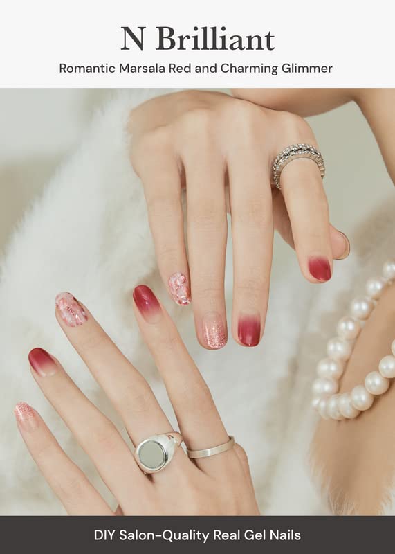 Ohora Semi Cured Gel Nail Strips (N Brilliant) - Red, Patterned, Works With Any Uv/Led Nail Lamps, Salon-Quality, Long Lasting,