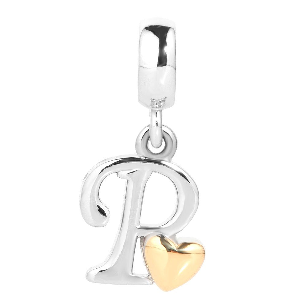 QueenCharms Initial A-Z Letter Charm Golden Heart Alphabet Dangle Beads For Bracelets & Necklaces (P)