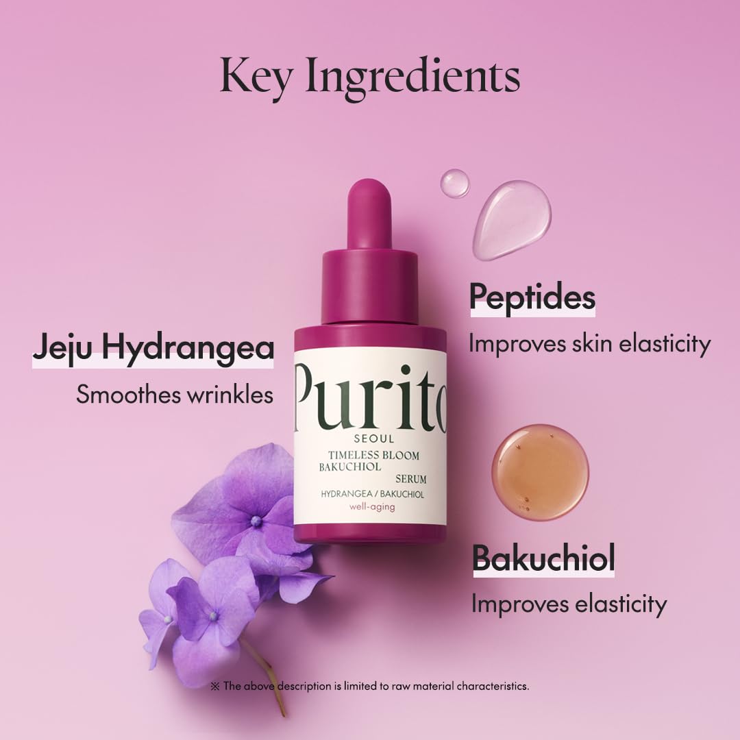 Purito Seoul Timeless Bloom Bakuchiol Serum, Korean Jeju Hydrangea, For Sensitive Skin, Ampoule, Fine Line Reduction, Anti Aging