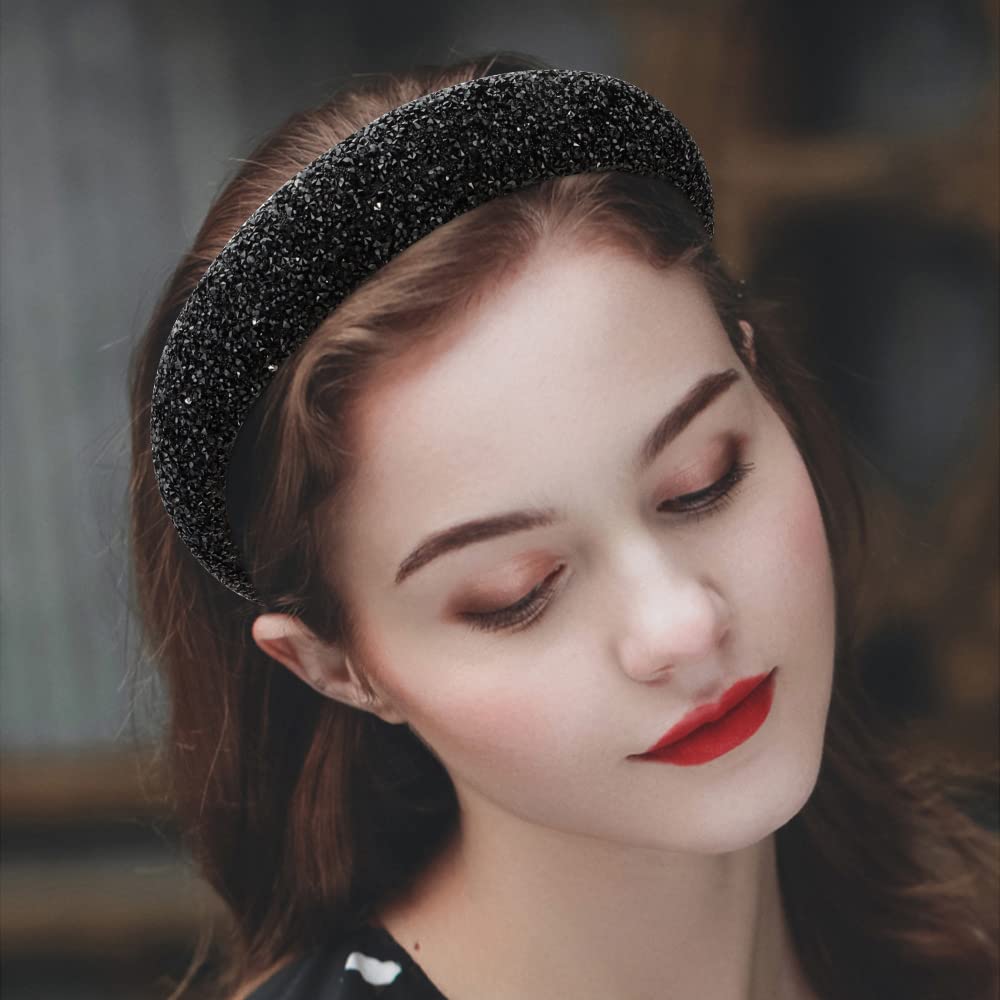 Atoden Black Rhinestone Padded Sequin Diamond Glitter Sparkle Jeweled Bling Headbands For Women'S Hair