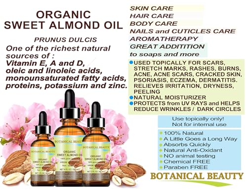 Botanical Beauty SWEET ALMOND OIL 100% Pure Natural Virgin Unrefined Undiluted Cold Pressed Carrier Oil for Face, Skin, Body, Ha