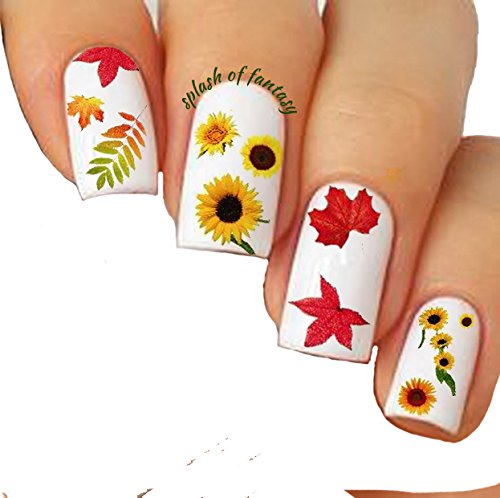 Autumn Leaves Nail Art Water Slide Tattoo Sticker:::Crimson Leaves And Flowers: Maple/Rowan/Hawthorn/Sunflower- 3 Pack
