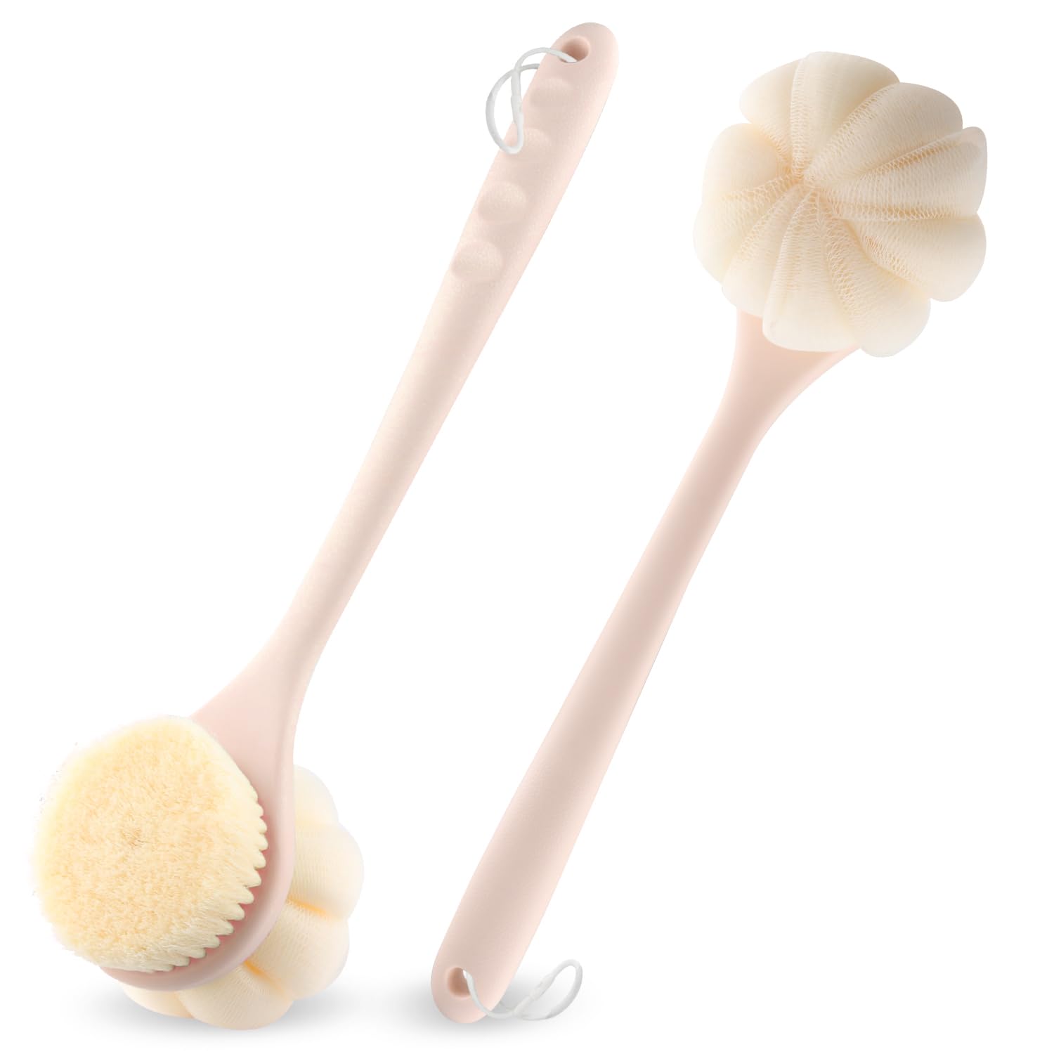 2 Pcs Double Sided Bath Brush Long Handled Shower Brush Massage Body Cleaning Mesh Sponge with Soft Bristles and Loofah for Skin