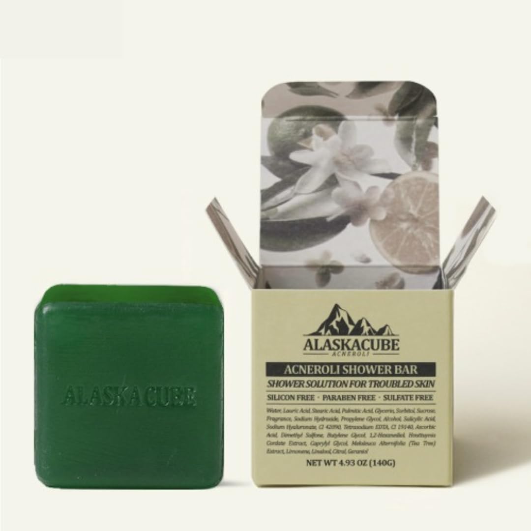 Alaskacube Acneroli Shower Bar Bath Soap Citrus Lemon Mandarin Scent Total Solution For Troubled Skin With Salicylic Acid And Te