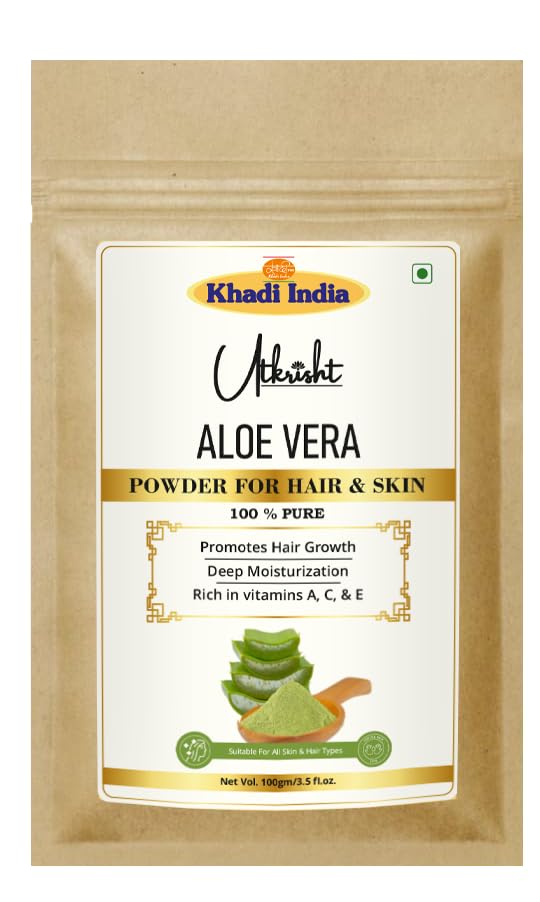 Utkrisht Khadi Aloe Vera Powder Hair & Face Pack Mask 100G | Face Pack For Glowing Skin | For Dry & Frizzy Hair, Deep Moisturiza