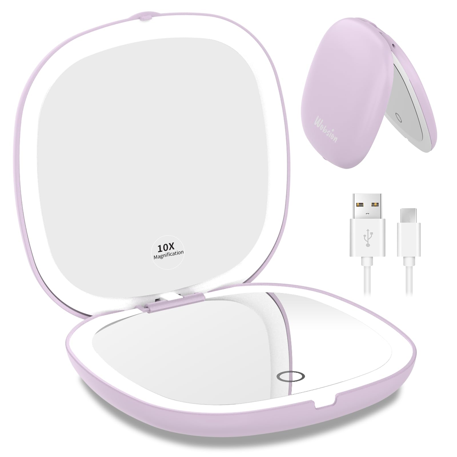 Wobsion Travel Mirror With Light, Rechargeable 1X/10X Compact Magnifying Mirror, Dimmable Pocket Mirror,Handheld 2-Side Mirror W