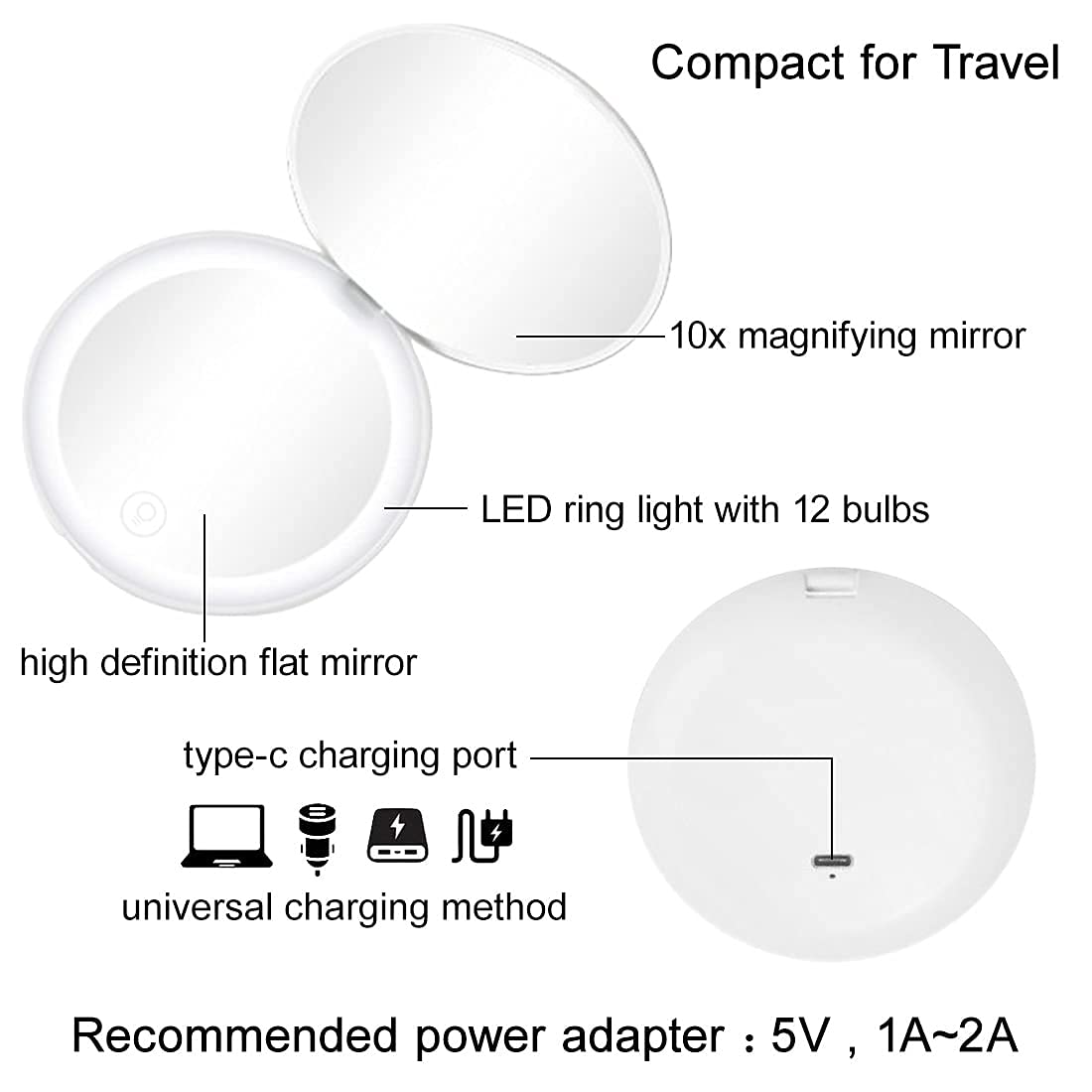 Milishow Compact Mirror With Led Light,1X/10X Magnifying Rechargeable Mirror,3.5In, Dimmable Travel Mirror For Purse,Pocket,Hand