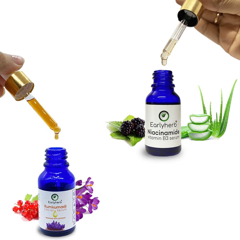 Earlyherb Combo Of Kumkumadi Tailam Facial Serum 15 Ml, Niacinamide Vitamin B3 Serum, 18 Ml | Anti Acne, Remove Dark Spot, Even 