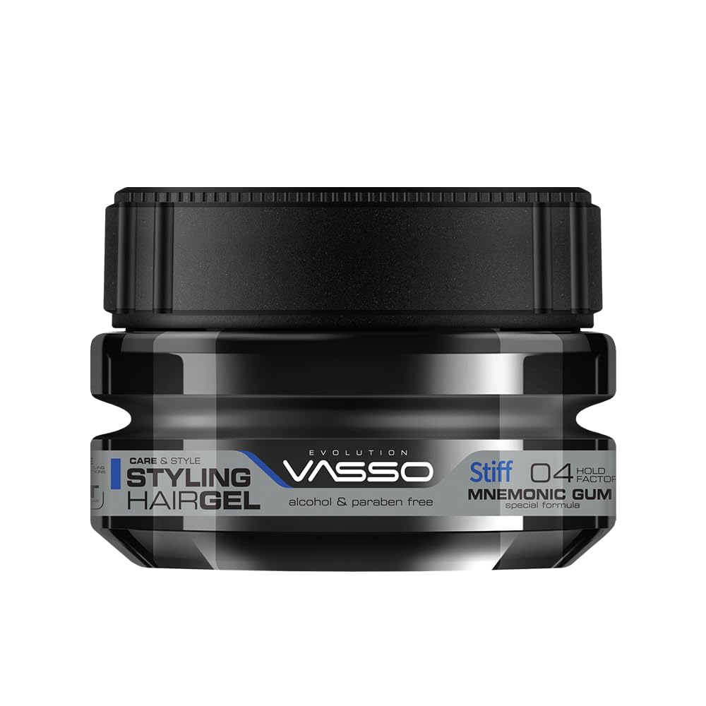 Vasso Mnemonic Gum Hair Gel for Men  Stiff Super Hold Wet Look Styling Gel, Long Lasting Memory Effect Hair Gel for All Hair Ty