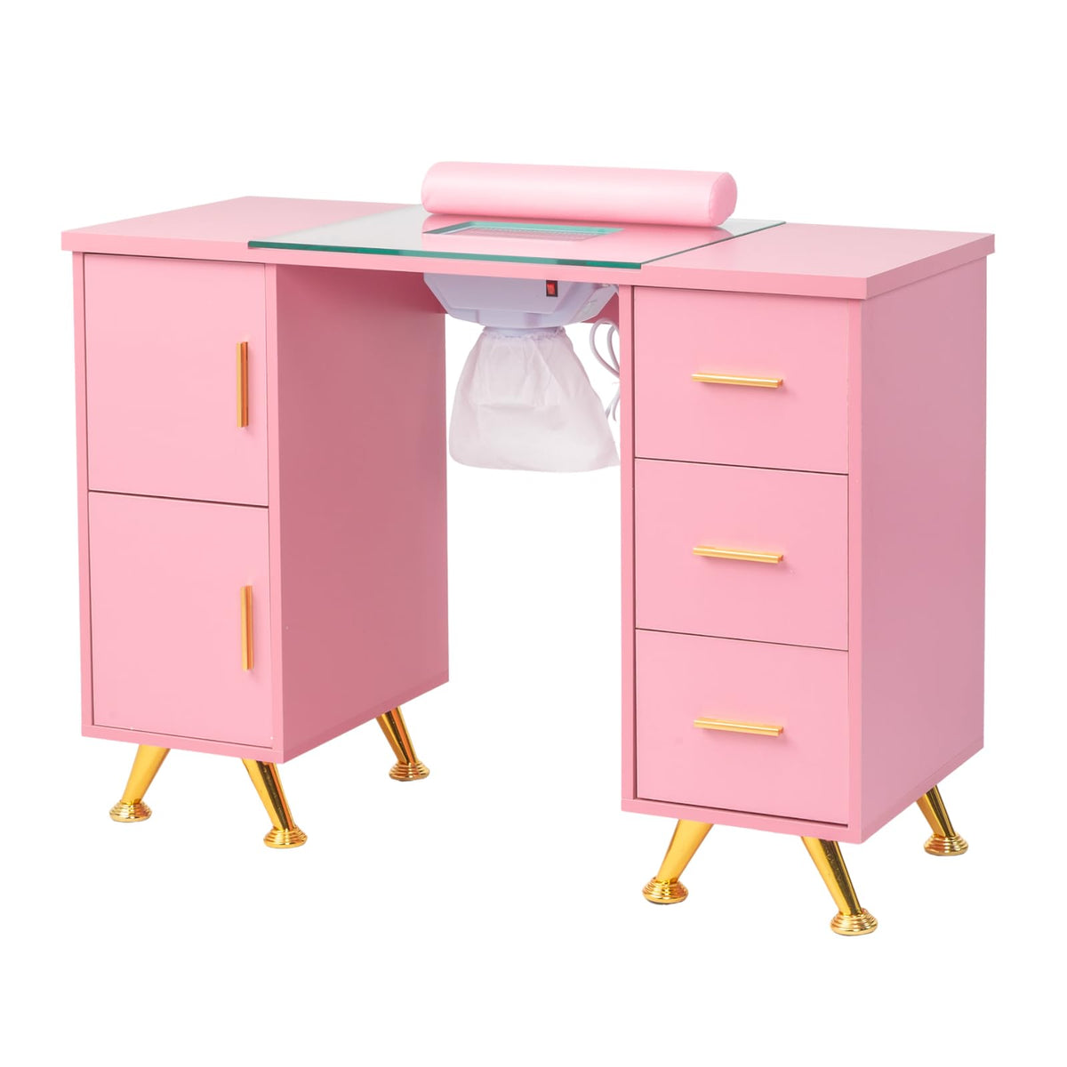 OmySalon Manicure Table Nail Desk for Nail Tech w/Glass Top & Wrist Rest, Beauty Salon Nail Supplies Decor Workstation Acetone R