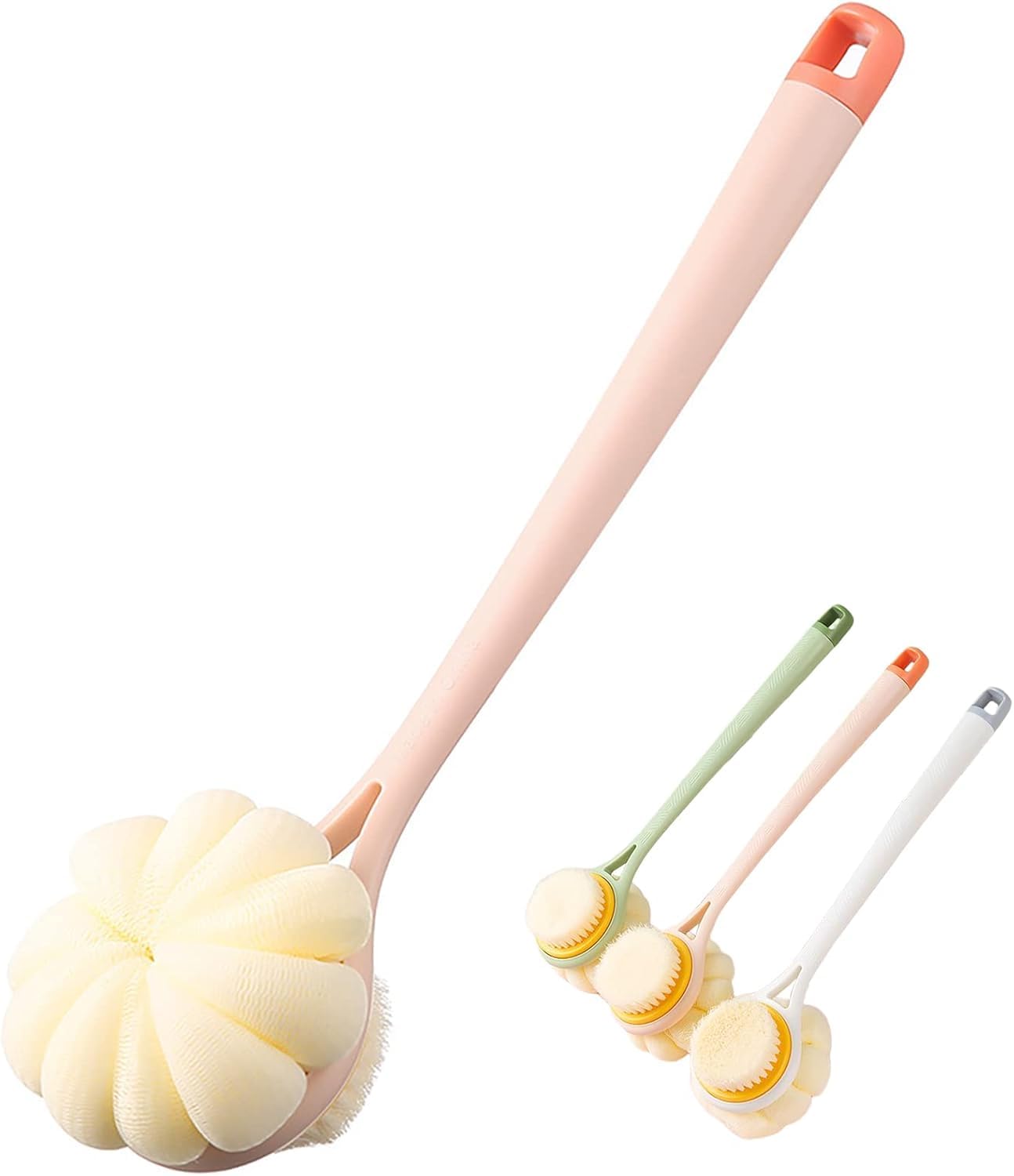 DNC 2 in 1 Bath Body Brush, Long Handle to Reach Back, Soft Bristle & Loofah Exfoliator, NonSlip Curved Grip, Multicolour