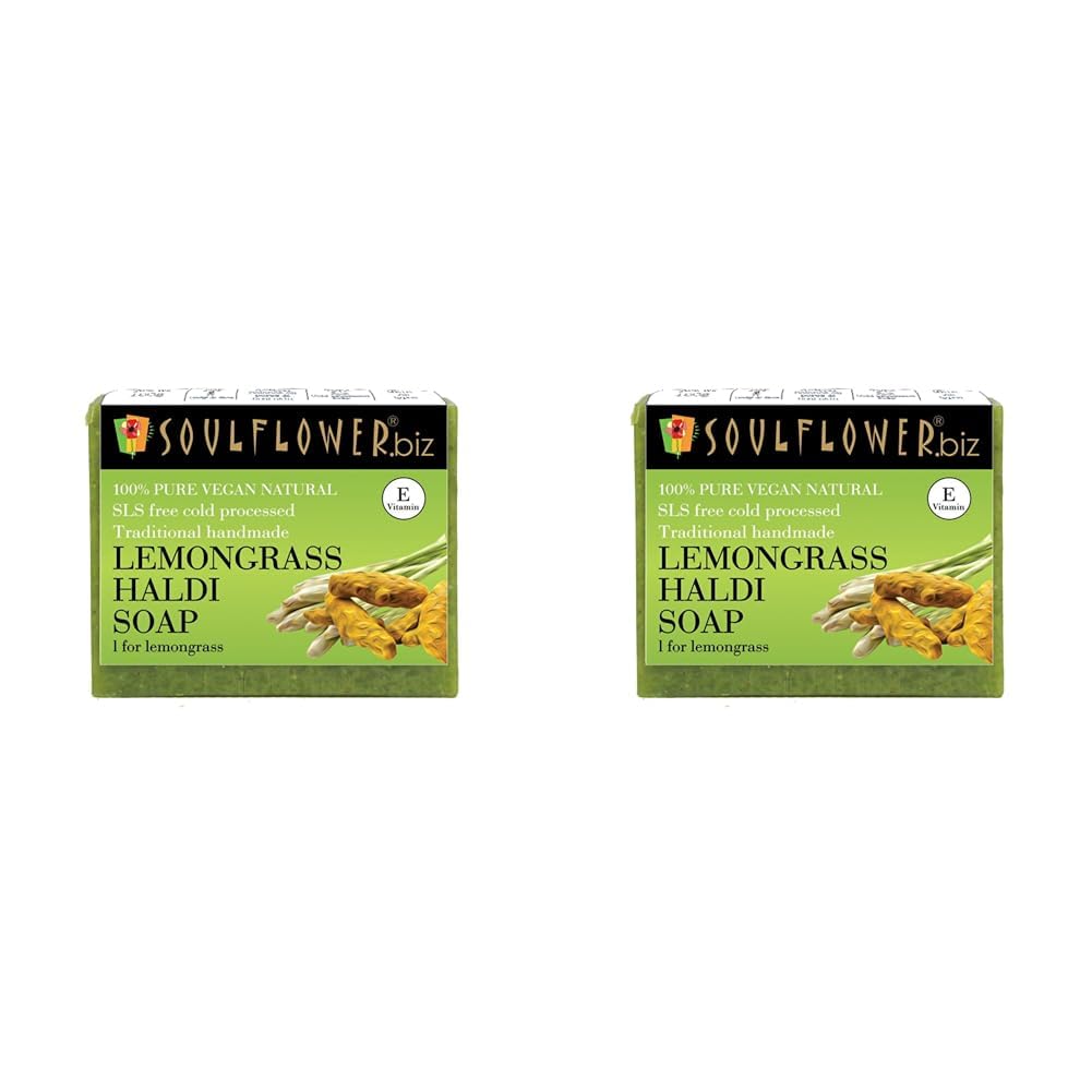 Soulflower Lemongrass Haldi Soap | Acne, Wrinkles, Fine Lines | Handmade, Natural, Cold Processed | Lemongrass, Turmeric, Olive 