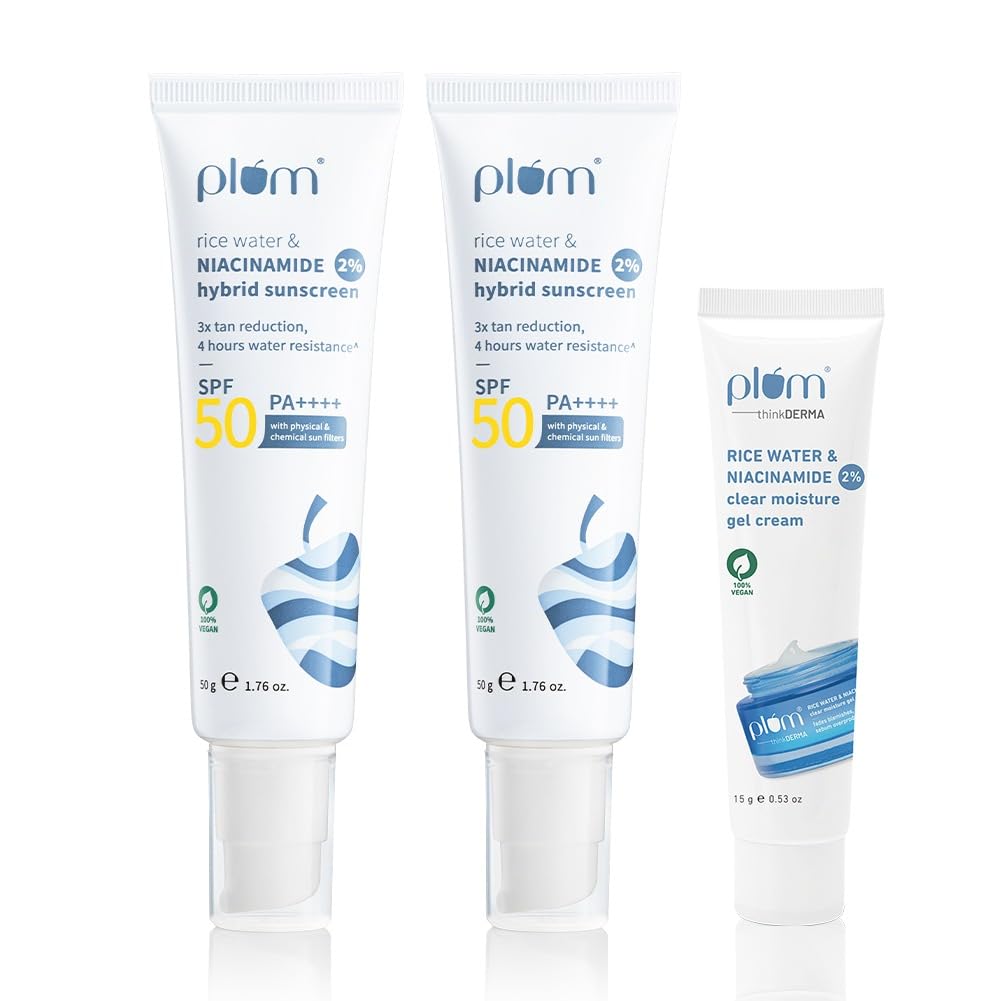 Plum All SunscreenSpf 50 Pa++++ 2% Niacinamide & Rice Water Sunscreen Pack Of 2|100 Gm + Free Think Derma 2% Niacinamide & Rice