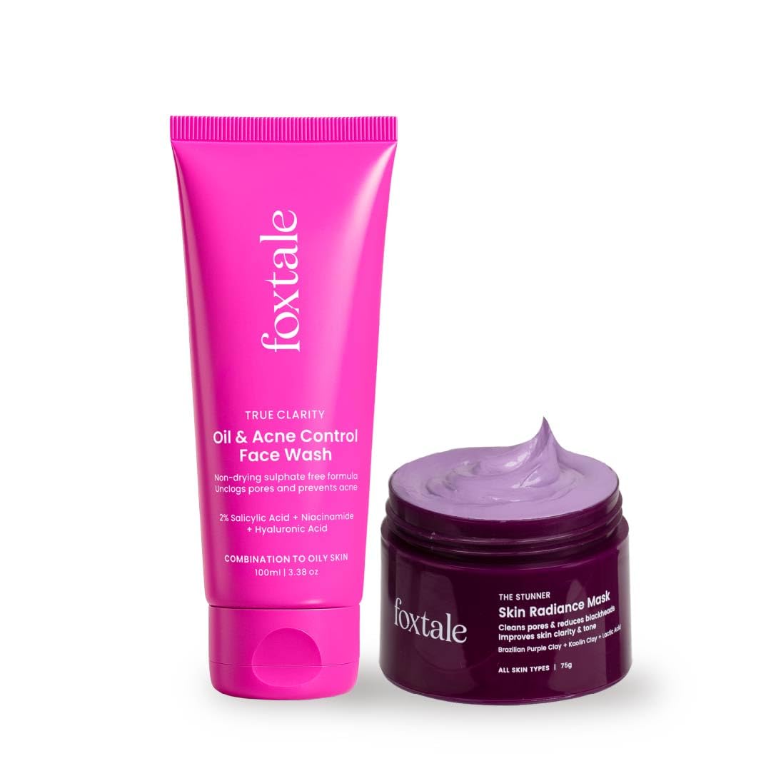 Foxtale Clear & Radiant Duo | Oil & Acne Control Face Wash + Skin Radiance Mask | Clears Acne, Controls Oil, Brightens & Smooths